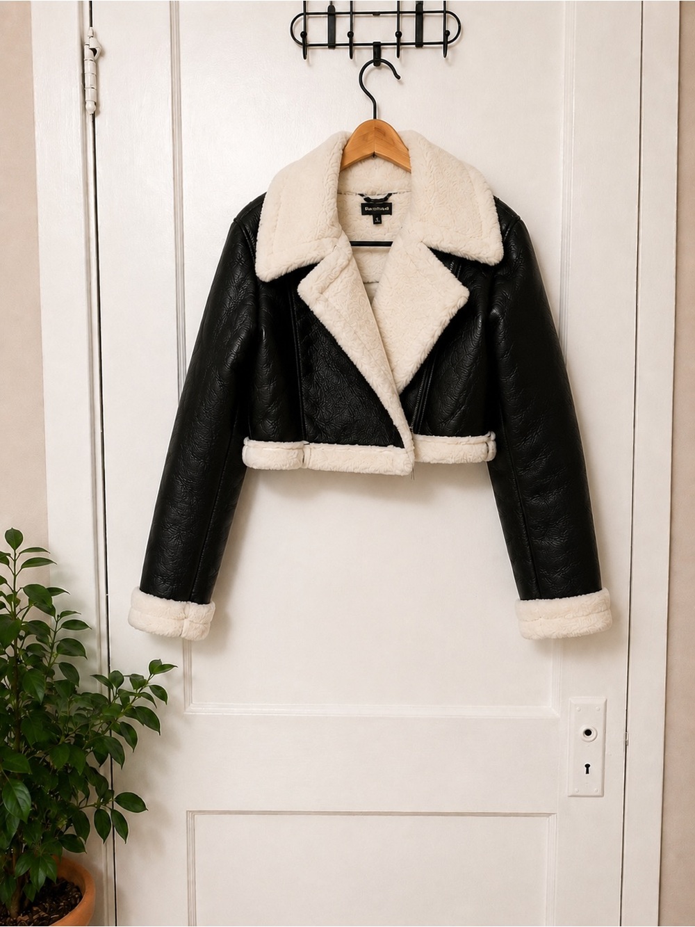 Cropped Black Faux Leather Moto Jacket with Cream Shearling Trim